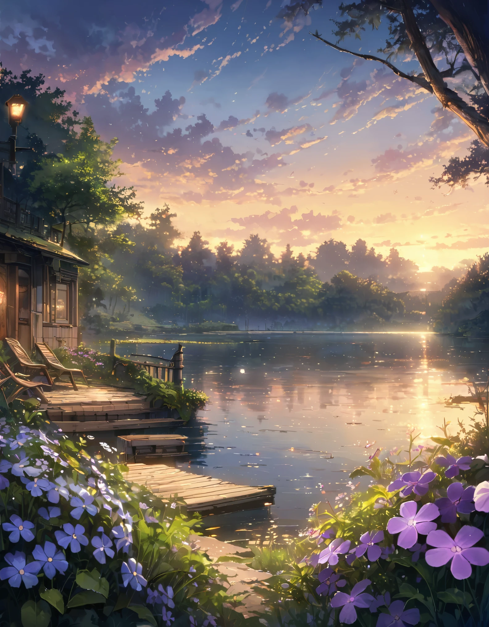 Detailed background,( Peaceful spring night scenery), Amidst the lush greenery, beautiful scenery, Creeping Phlox in full bloom, Creeping Phlox, early morning, sunrise sky, Beautiful clouds, Dappled sunlight, Outdoor seating, a lamp, Tranquil lake, ship on lake, Depth of Field, masterpiece, best quality, Extremely detailed, very beautiful, illustration, Perfect composition, Intricate details, absurd, Mood lighting, wisps of light, No humans,