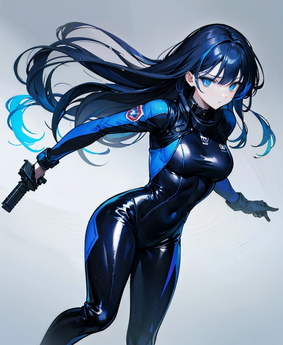 There is no background,girl,Carry a firearm,Patent leather tight suit,Use of firearms,Navy blue long hair,attention arousal,Blue colored eyes,No gradients