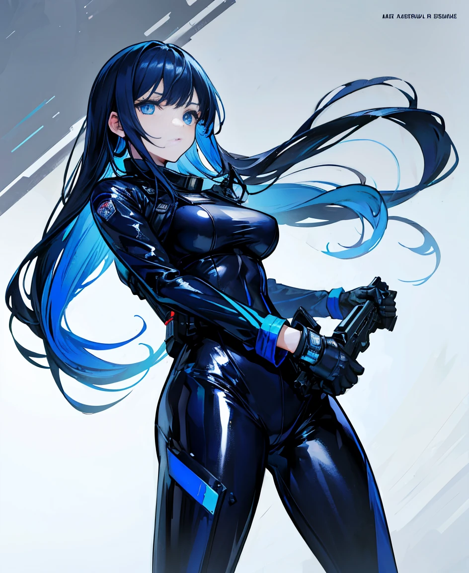 There is no background，girl，Carry a firearm，Patent leather tight suit，Use of firearms，Navy blue long hair，attention arousal，Blue colored eyes,No gradients