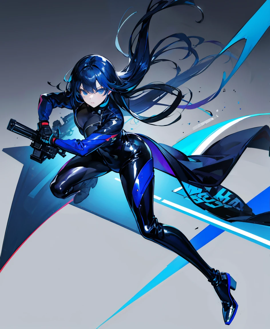 There is no background，girl，Carry a firearm，Patent leather tight suit，Use of firearms，Navy blue long hair，attention arousal，Blue colored eyes,No gradients