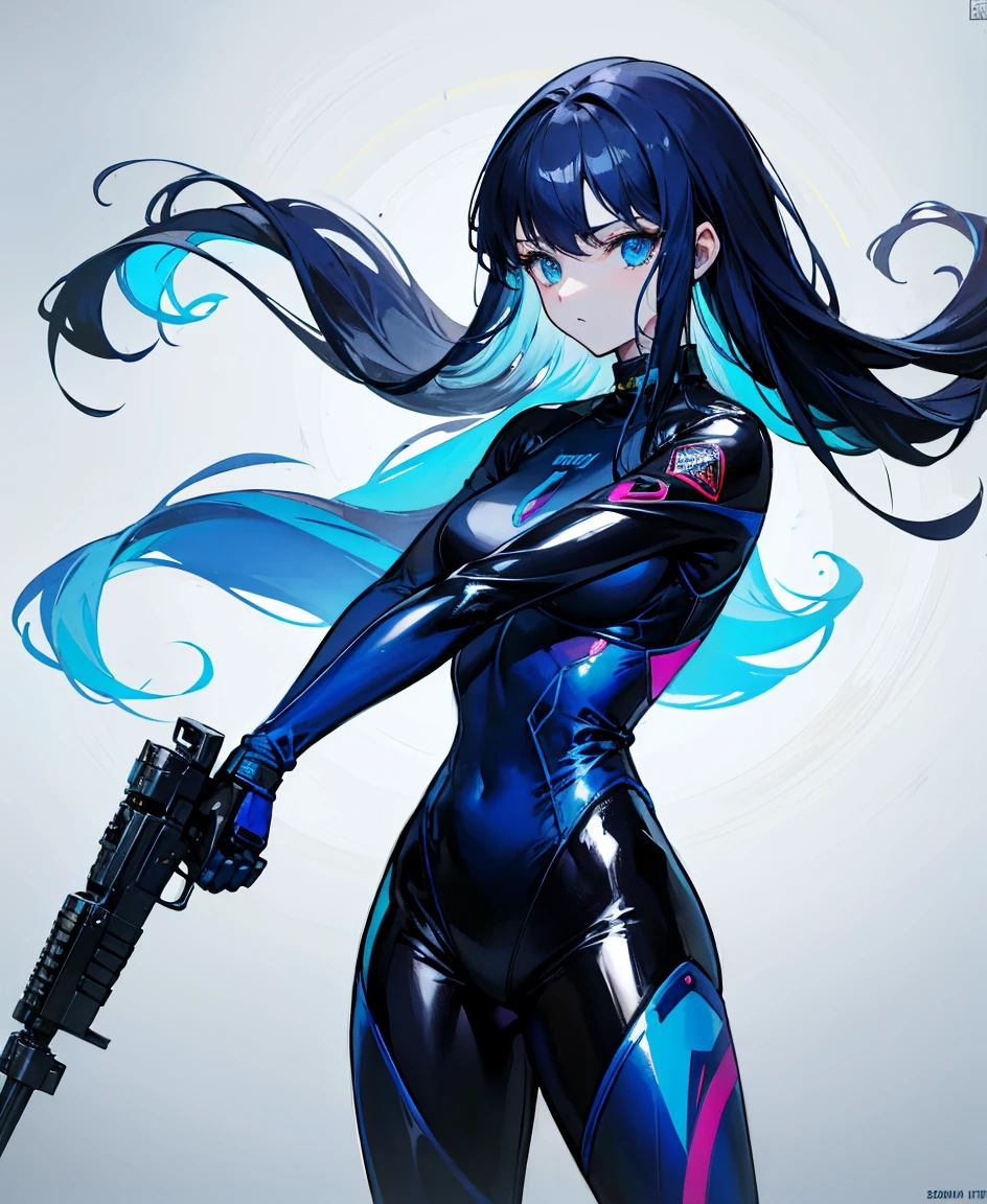 There is no background,girl,Carry a firearm,Patent leather tight suit,Use of firearms,Navy blue long hair,attention arousal,Blue colored eyes,No gradients