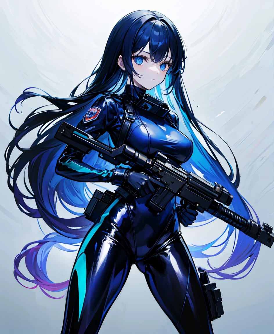 There is no background,girl,Carry a firearm,Patent leather tight suit,Use of firearms,Navy blue long hair,attention arousal,Blue colored eyes,No gradients