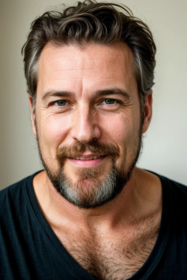 Photo realistic, portrait photo homme de 50 ans, brun barbe de 3 jours, cheveux court, yeux vert, jolie visage, portant une chemise, souriant