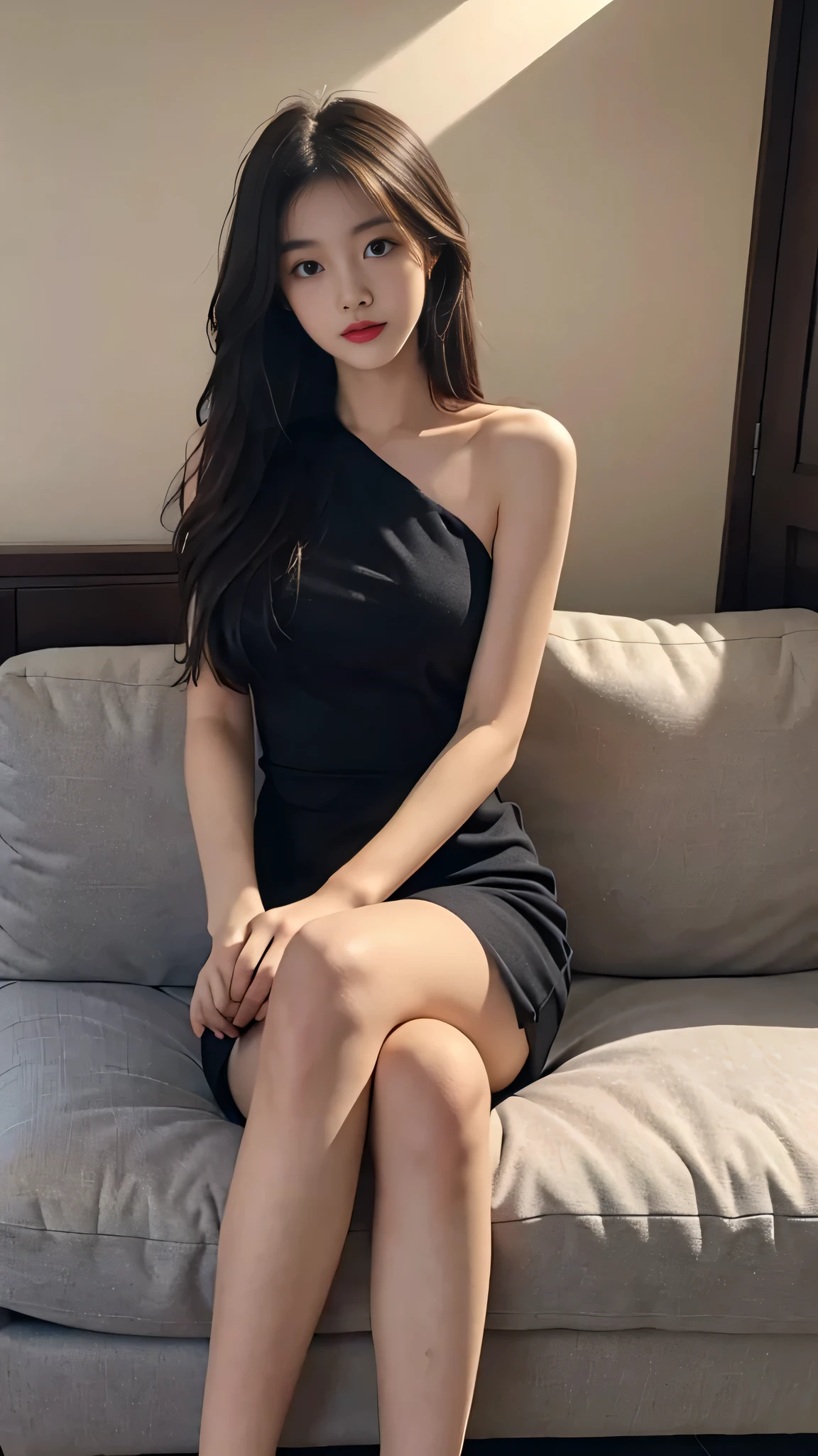 1girl in,Sitting on a cozy sofa,cross one's legs,Soft light,Chinese beauty, dark pupble dress,A dark-haired,length hair