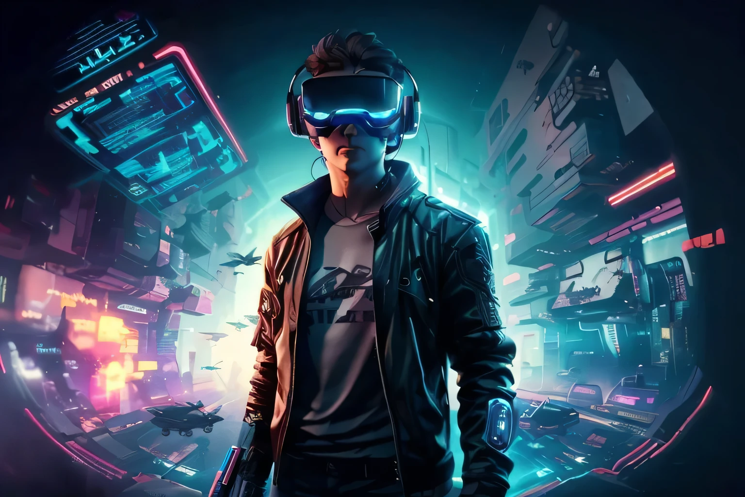 A man in a black jacket and glasses stands in front of a futuristic city, vr game, Cyberpunk vibe, Cyberpunk vibes, mais fundo no metaverso vamos, tem estilo cyberpunk, tema ciberpunk, no cyberpunk 2077, ciberpunk futurista, futuro ciberpunk, synthetic wave, vestindo roupas cyberpunk, ciberpunk futurista, tecnologia ciberpunk, retro cyberpunk, synthetic wave style