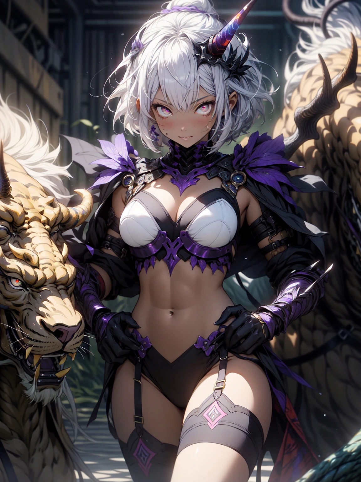 Be realistic，（masterpiece，highest quality，highest quality，Very detailed，Fractal Art，Most detailed，（Abstract background：1.5）（1 girl），Kamimei，（short hair），（Sparkling red eyes and beautiful white hair、Big Breasts，Toned Abs)，Abyss Stick、crystallization，Purple Bikini、High leg，Sexy，Purple machine armor、Demon Horn、Berserk、A body covered in wounds