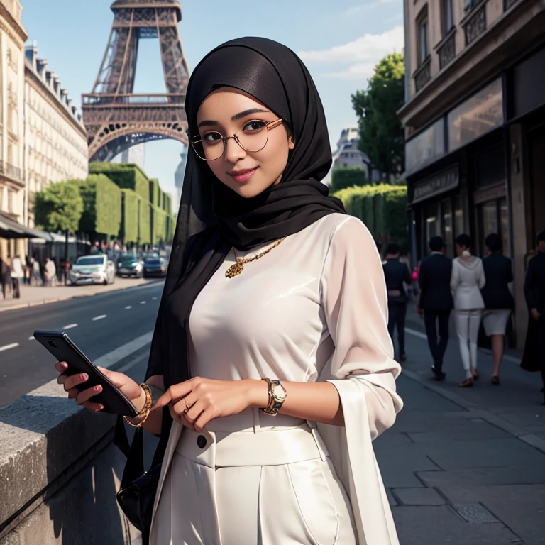 Beautiful glasses sexy Malay girl aged 20 years, olive skin, sharp nose, thin lips, oval face, sharp girl, neat hijab covering all her hair, wearing a white kebaya combined with a glamorous black suit, long black trousers, a swiss polo golden watch, bangles, bracelets, necklace, holding a smartphone, seen from the front, full body, Eiffel Tower background, background looks so clear, street photography, realistic photos, 85mm lens, ultra HD, cinematic, very detailed, sharp focus, teasing smile, detailed lip, detailed eyes, detailed horny face