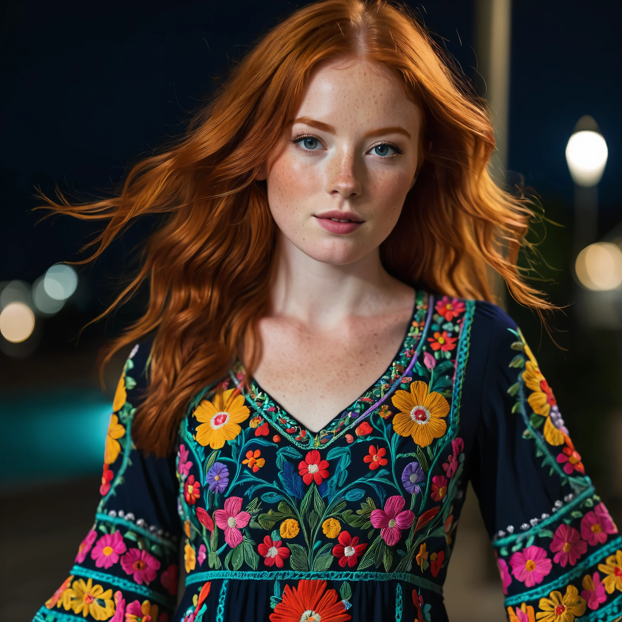 Gorgeous redhead with freckles, wearing a colorful, vibrant, detailed embroidered dress, medium-full shot, at night