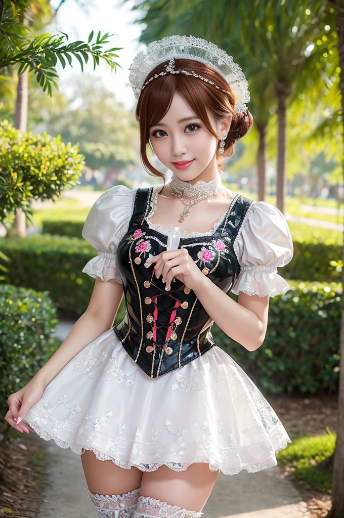 (nsfw), sexy stylish Thai model, only 1 female, ((doll-like appearance)), short Auburn stylish hair, ((shiny Victorian-Style boots)), (big smile), ultra detailed eyes, vivid eye makeup, lipgloss, long lashes, defined eyebrows, ((sexy Paradise Kiss cosplay)), bell-shaped skirt, petticoats, high neckline, puffed sleeves, ((ultra detailed lace)), ((ultra detailed embroidery)), intricate details, Paradise Kiss accessoires and matching headpiece, choker, ((large sparkling Paradise Kiss jewelry)), cinematic light, detailed large park background with trees