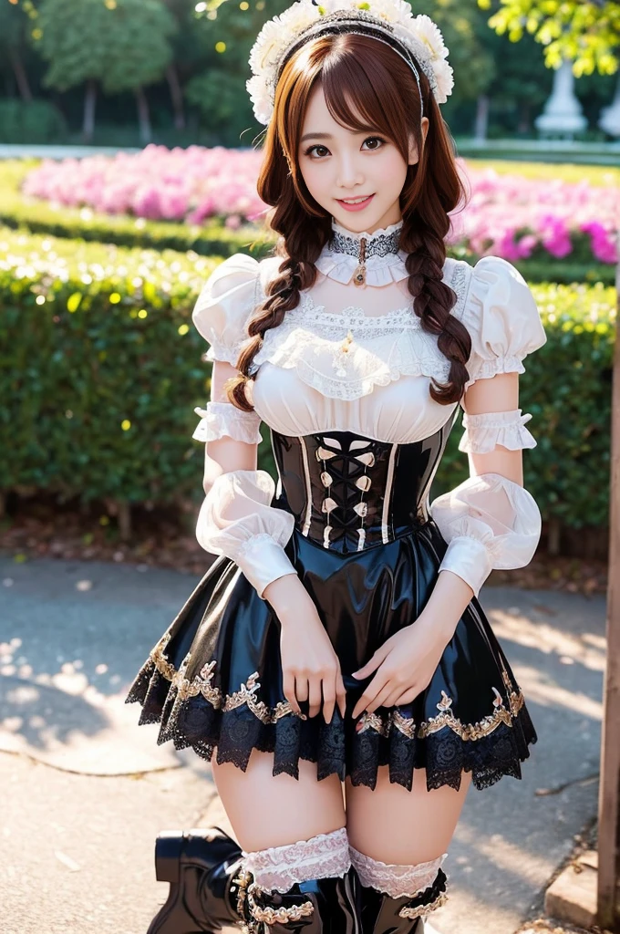 (nsfw), sexy stylish Thai model, only 1 female, ((doll-like appearance)), short Auburn stylish hair, ((shiny Victorian-Style boots)), (big smile), ultra detailed eyes, vivid eye makeup, lipgloss, long lashes, defined eyebrows, ((sexy Paradise Kiss cosplay)), bell-shaped skirt, petticoats, high neckline, puffed sleeves, ((ultra detailed lace)), ((ultra detailed embroidery)), intricate details, Paradise Kiss accessoires and matching headpiece, choker, ((large sparkling Paradise Kiss jewelry)), cinematic light, detailed large park background with trees