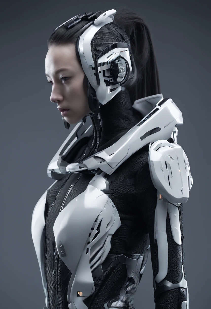 Photo of a humanoid artificial intelligence with natural skin, long, flow, and thick hair, Sharp eyes, Thin and upturned nose, Lip Plumpness, Hourglass figure, Typical clothes and makeup, Intricate details, energetic, vivid, epic, Smooth, Movie, 4k, Backlight, and deep depth of field