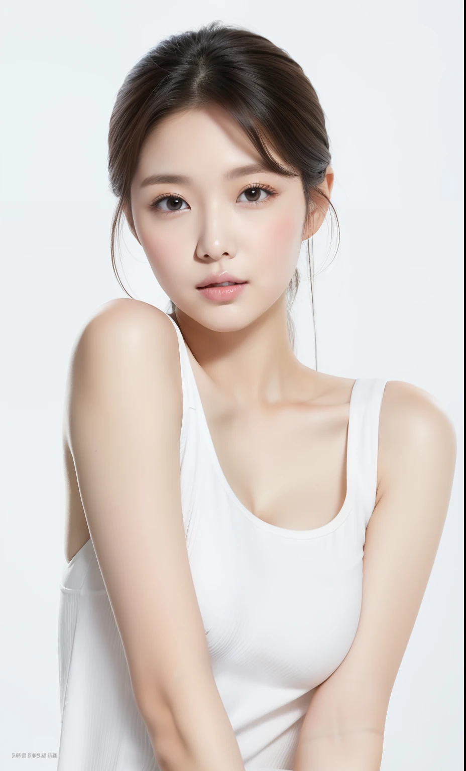 1 Real photo of a cute Korean star, Medium Length Hair, Fine hair, White skin, Light makeup,,wearing white clothes, Close-up portrait, Ultra HD,front,The forehead is exposed,Full forehead,Don't cover up the role,Modeling the face,Luminescence,front面对镜头,,Youth and beauty,Don't cover your body,Upper part of the body,Light colored dress,White Dress,