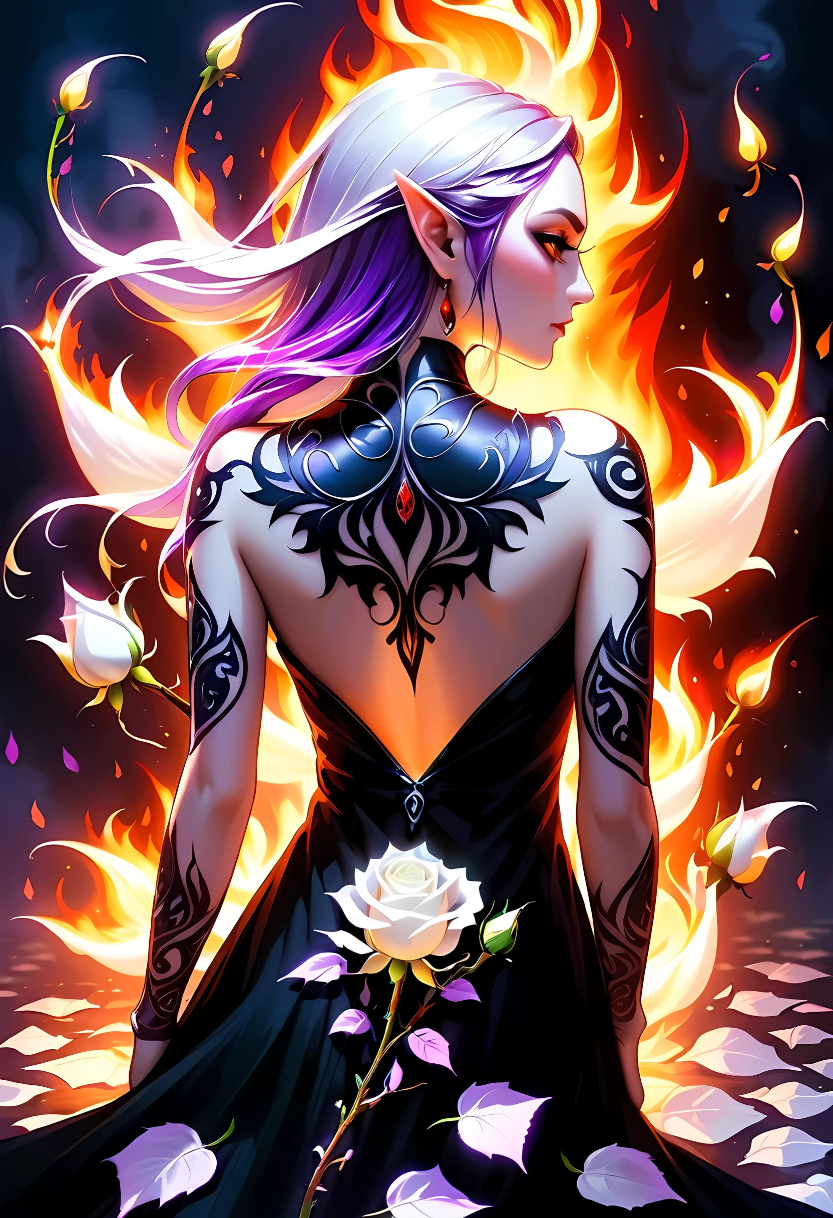 Arafed, Dark fantasy art, fantasy art, goth art, a picture of a tattoo on the back of a female elf, a glowing tattoo of a ((white rose: 1.3)) on the elf's back, the ((rose tattoo)) is vivid, intricate detailed coming to life from the ink to real life, GlowingRunesAI_purple, ((fire surrounds the rose petals: 1.5)), shoot taken from the back, ((the back is visible: 1.3), she wears a transparent  black dress, the dress is elegant, flowing, elven style, that the tattoos glow, dynamic hair color, dynamic hair style, faize, 