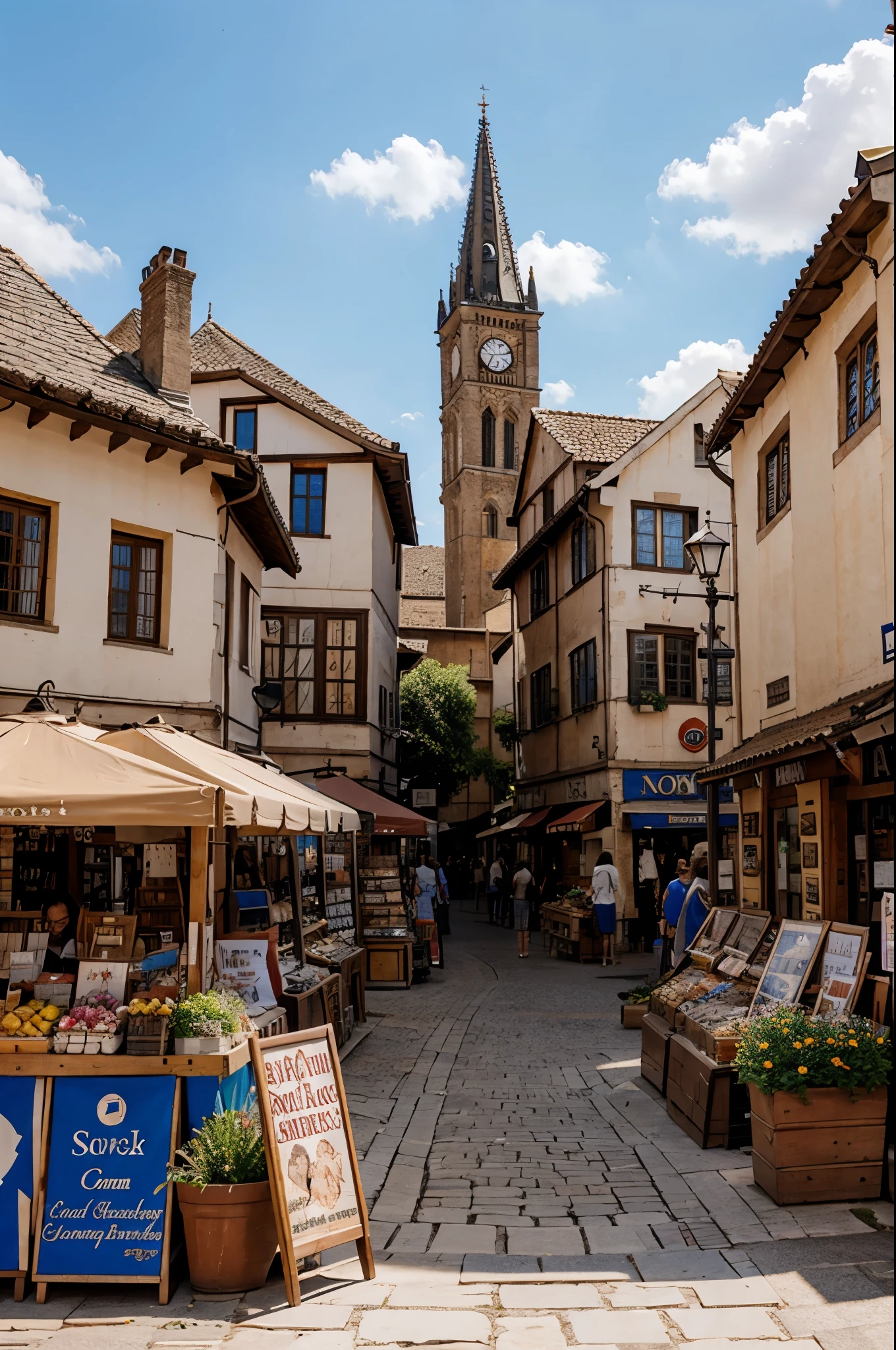 Medieval market square with colorful shops, merchants and townspeople under a clear blue sky.