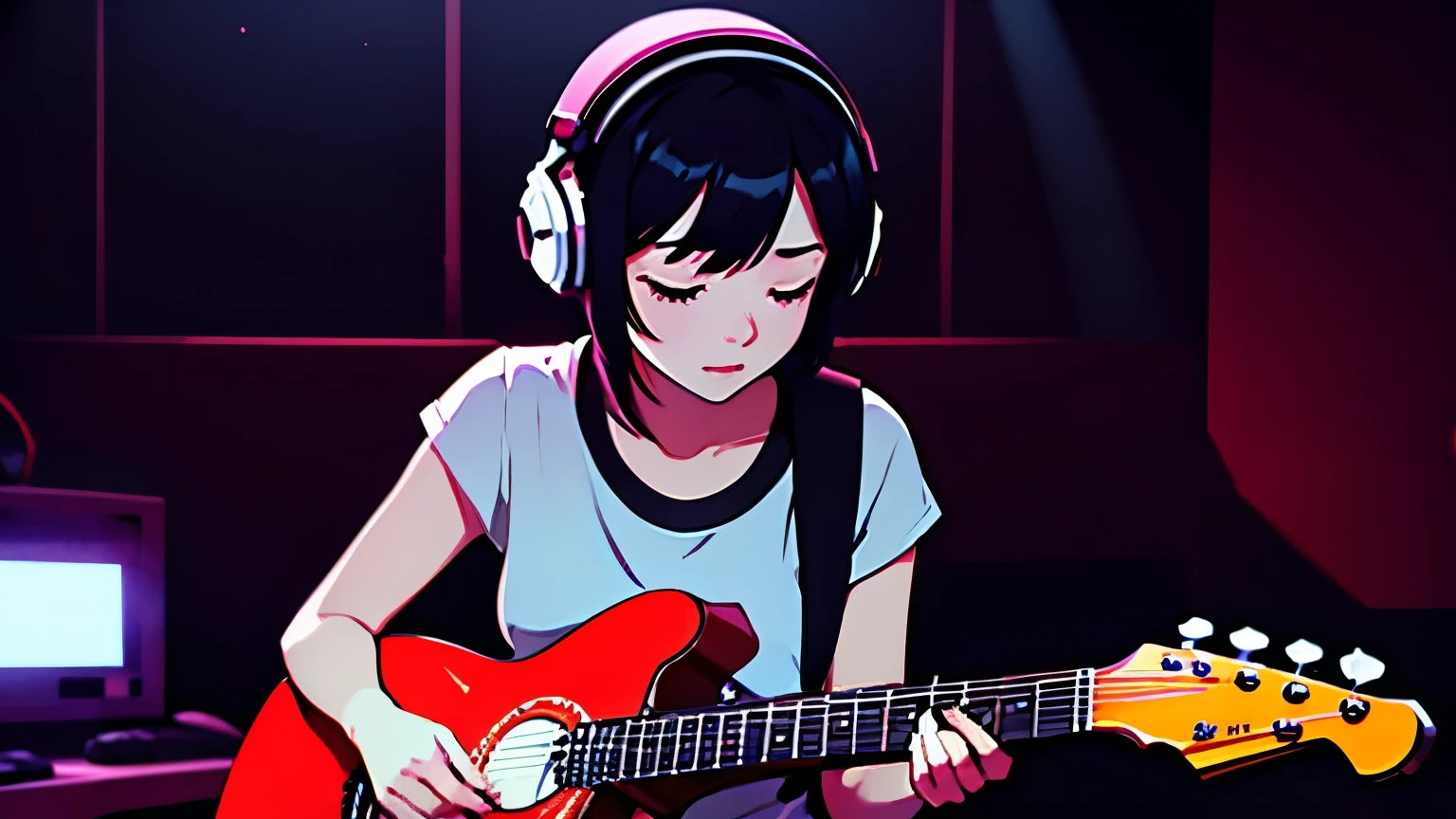 A girl wearing headphones is playing the guitar in a dark room。