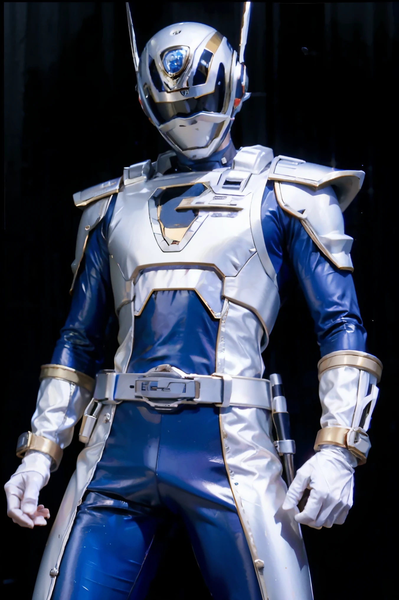 Fantasy background, cafe rpg style, empty chair, table, set of tea glass, (power rangers)), One guy、, ((silver ranger suit)), red and blue chest armor with gold details, costume, Solo, ((fit figure)), (Anatomically correct), Cowboy shot, masked face, guns, muscular build
