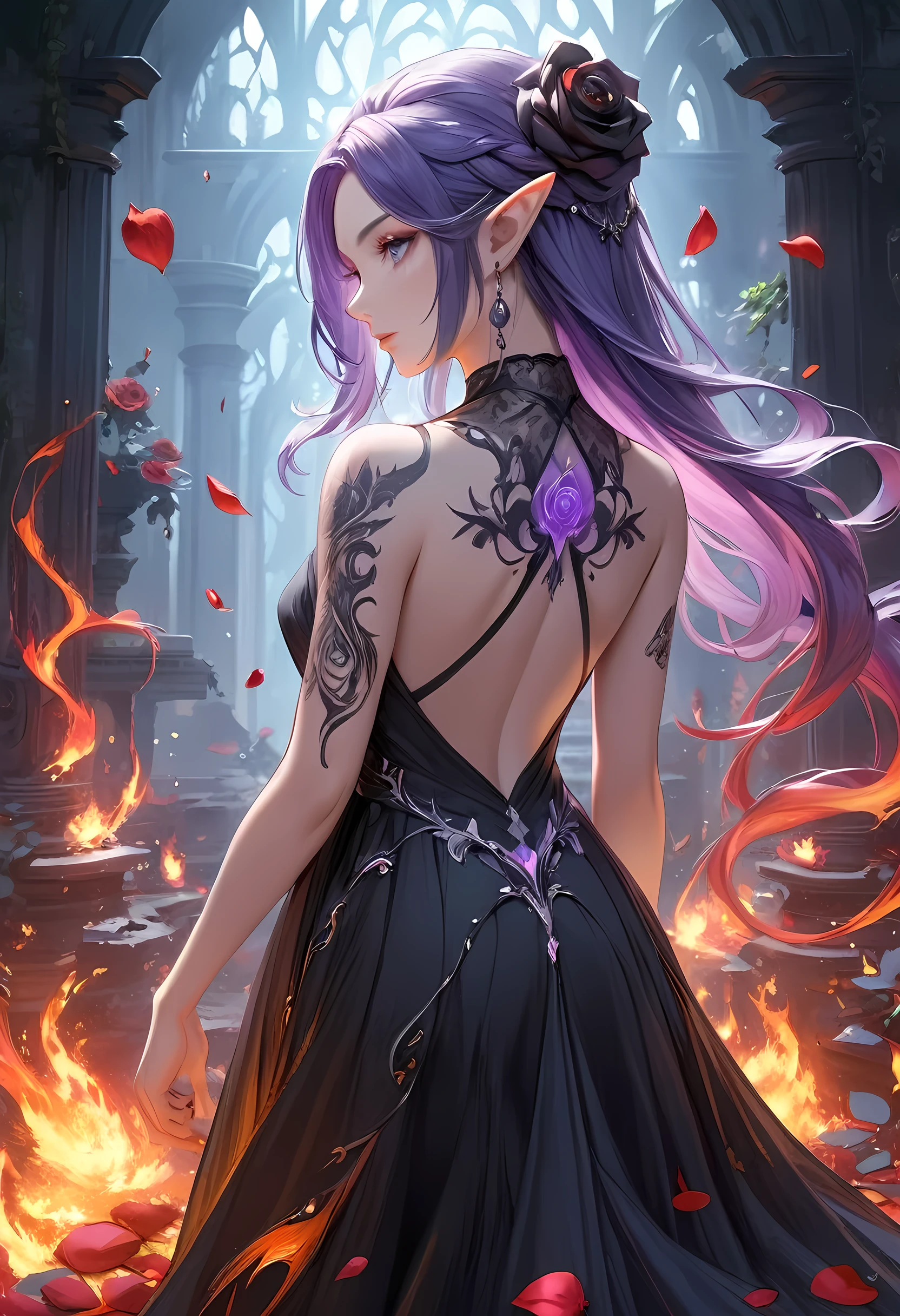 Arafed, Dark fantasy art, fantasy art, goth art, a picture of a tattoo of a tulip on the back of a female elf, a glowing tattoo of a ((tulip: 1.3)) on the elf's back, the ((tulip tattoo: 1.3)) is vivid, intricate detailed,  GlowingRunesAI_purple, ((fire surrounds the tulip: 1.5)), shot taken from the back, ((the back is visible: 1.3), she wears a transparent red dress, the dress is elegant, flowing, elven style, that the tattoos glow, dynamic hair color, dynamic hair style,  vibrant, Ultra-high resolution, High Contrast, (masterpiece:1.5),  highest quality, Best aesthetics, best details, best quality, highres, 16k, (ultra detailed: 1.5), masterpiece, best quality, (extremely detailed) RAW, (ultra details, Masterpiece, best quality) faize, Digital Painting, *channel_42*