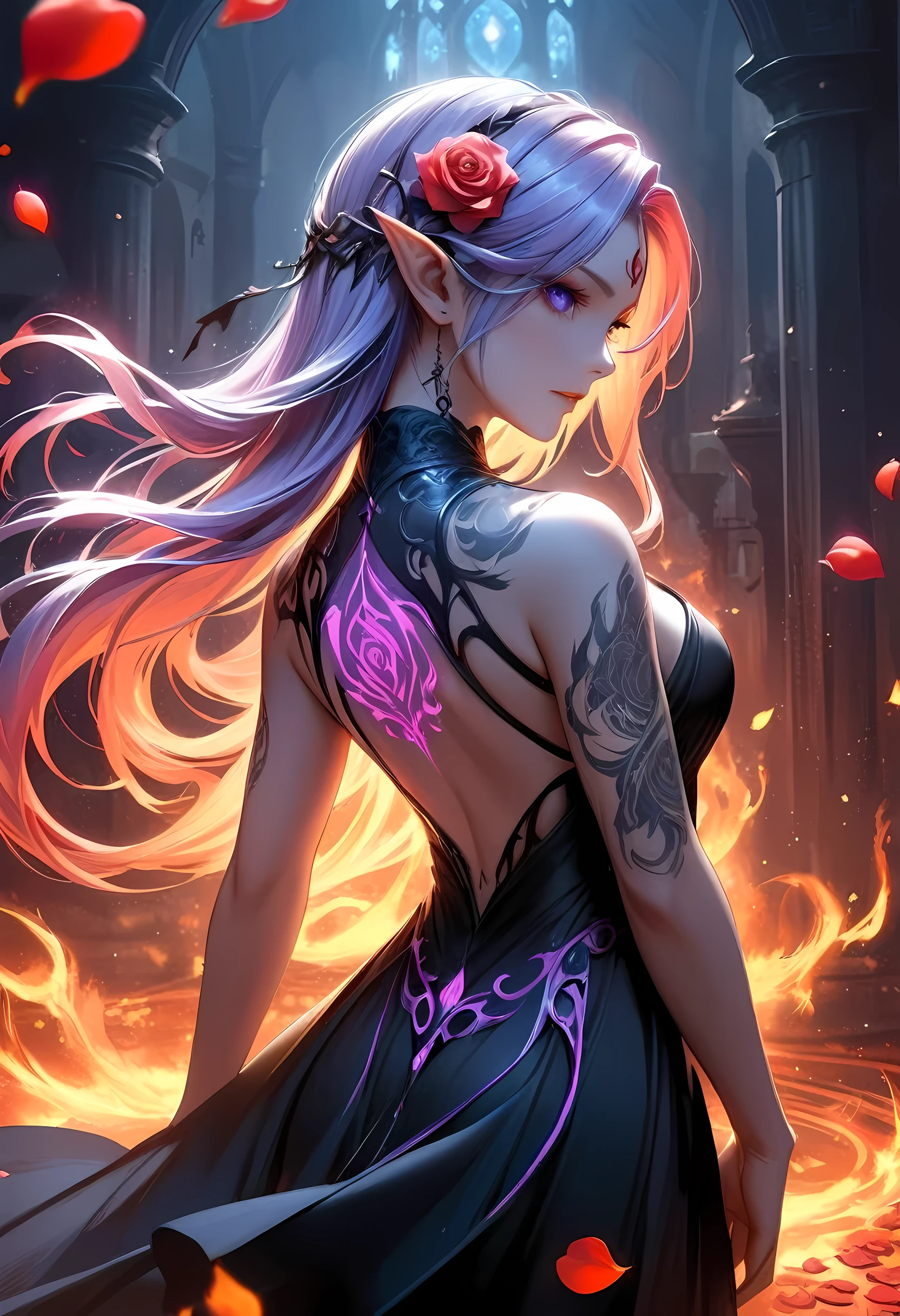 Arafed, Dark fantasy art, fantasy art, goth art, a picture of a tattoo on the back of a female elf, a glowing tattoo of a ((white rose: 1.3)) on the elf's back, the ((rose tattoo)) is vivid, intricate detailed coming to life from the ink to real life, GlowingRunesAI_purple, ((fire surrounds the rose petals: 1.5)), shoot taken from the back, ((the back is visible: 1.3), she wears a transparent black dress, the dress is elegant, flowing, elven style, that the tattoos glow, dynamic hair color, dynamic hair style, faize,, Digital Painting