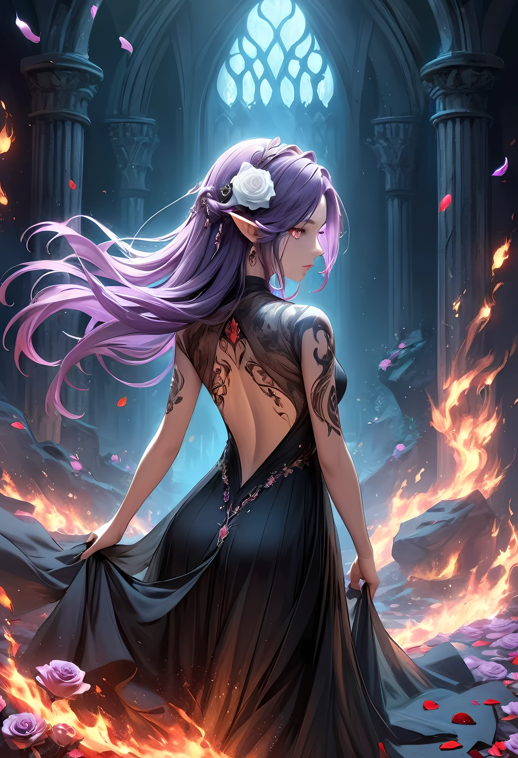 Arafed, Dark fantasy art, fantasy art, goth art, a picture of a tattoo on the back of a female elf, a glowing tattoo of a ((white rose: 1.3)) on the elf's back, the ((rose tattoo)) is vivid, intricate detailed coming to life from the ink to real life, GlowingRunesAI_purple, ((fire surrounds the rose petals: 1.5)), shoot taken from the back, ((the back is visible: 1.3), she wears a transparent black dress, the dress is elegant, flowing, elven style, that the tattoos glow, dynamic hair color, dynamic hair style, faize,, Digital Painting