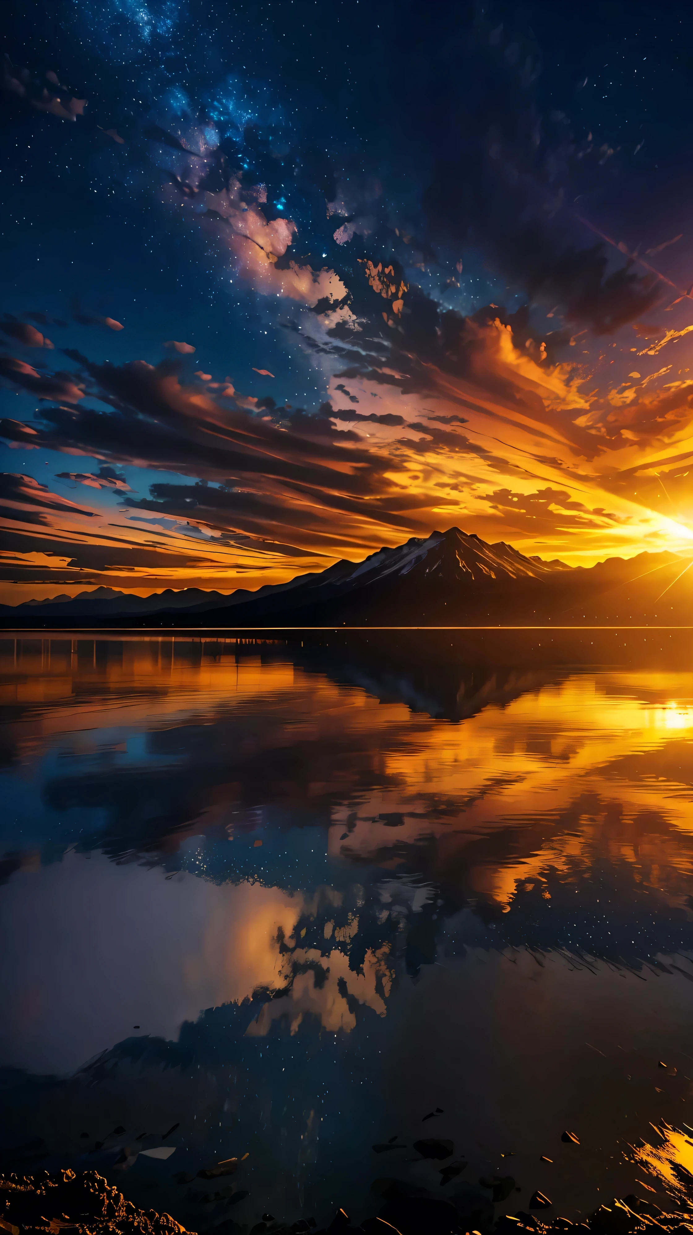 (Ultra-realistic:1.2), High resolution, (Bright colors, High resolution:1.1), (Sharp focus:1.1), (Physically Based Rendering:1.1), Tyndall effect, Colorful lights, (((Light shines through the gaps in the clouds))), Beautiful perspective, Contrasting Shadows, moving composition, Realistic landscape, unique configuration, Soft texture, Intricate details, Mysterious atmosphere, An artistic exploration of light and shadow,Golden dazzling light、Sunlight reflecting off the salt lake、A world view that will captivate all who see it、An incredibly clear salt lake、A cloudless natural world、Milky Way Galaxy、meteor