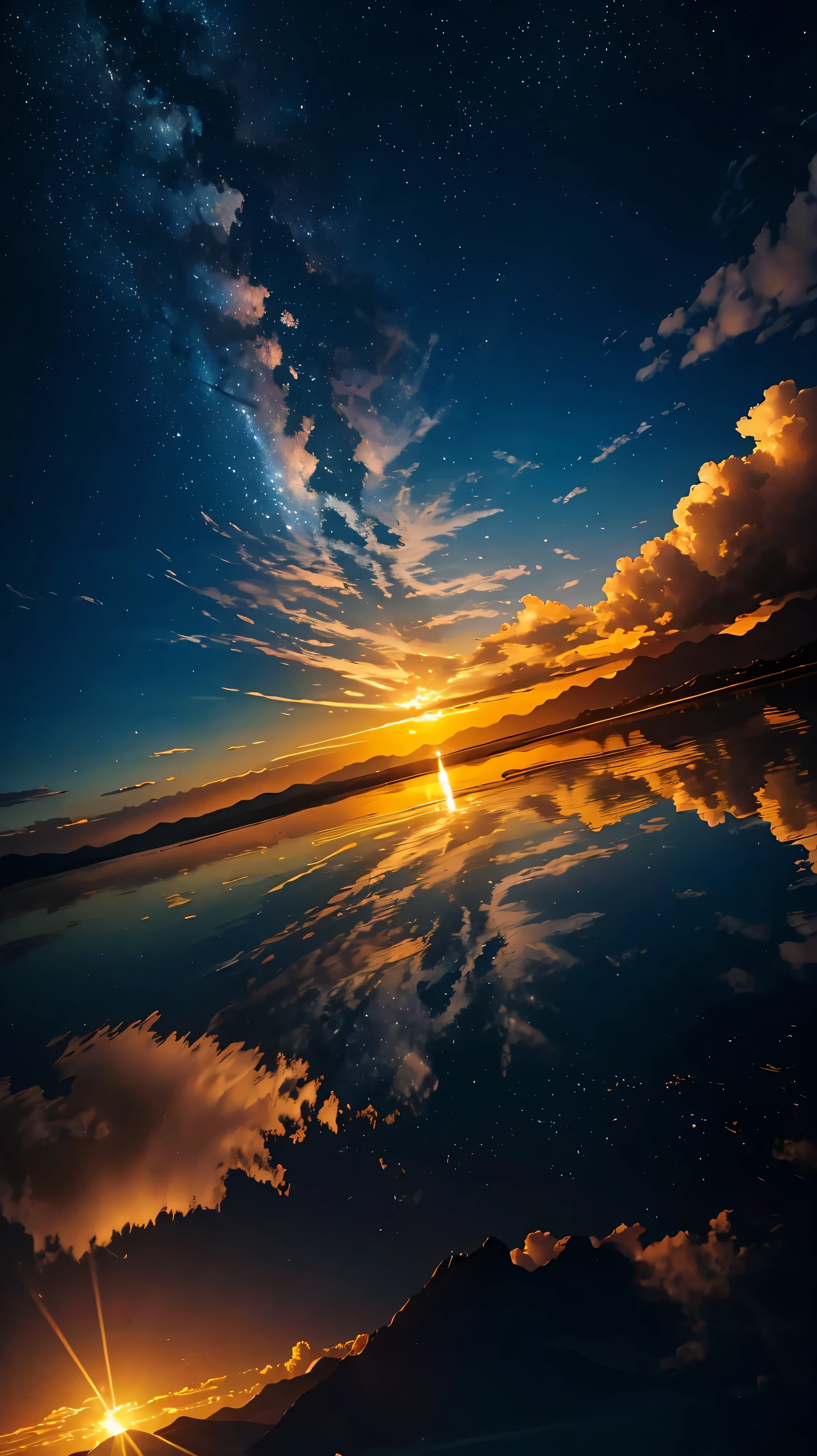 (Ultra-realistic:1.2), High resolution, (Bright colors, High resolution:1.1), (Sharp focus:1.1), (Physically Based Rendering:1.1), Tyndall effect, Colorful lights, (((Light shines through the gaps in the clouds))), Beautiful perspective, Contrasting Shadows, moving composition, Realistic landscape, unique configuration, Soft texture, Intricate details, Mysterious atmosphere, An artistic exploration of light and shadow,Golden dazzling light、Sunlight reflecting off the salt lake、A world view that will captivate all who see it、An incredibly clear salt lake、A cloudless natural world、Milky Way Galaxy、meteor