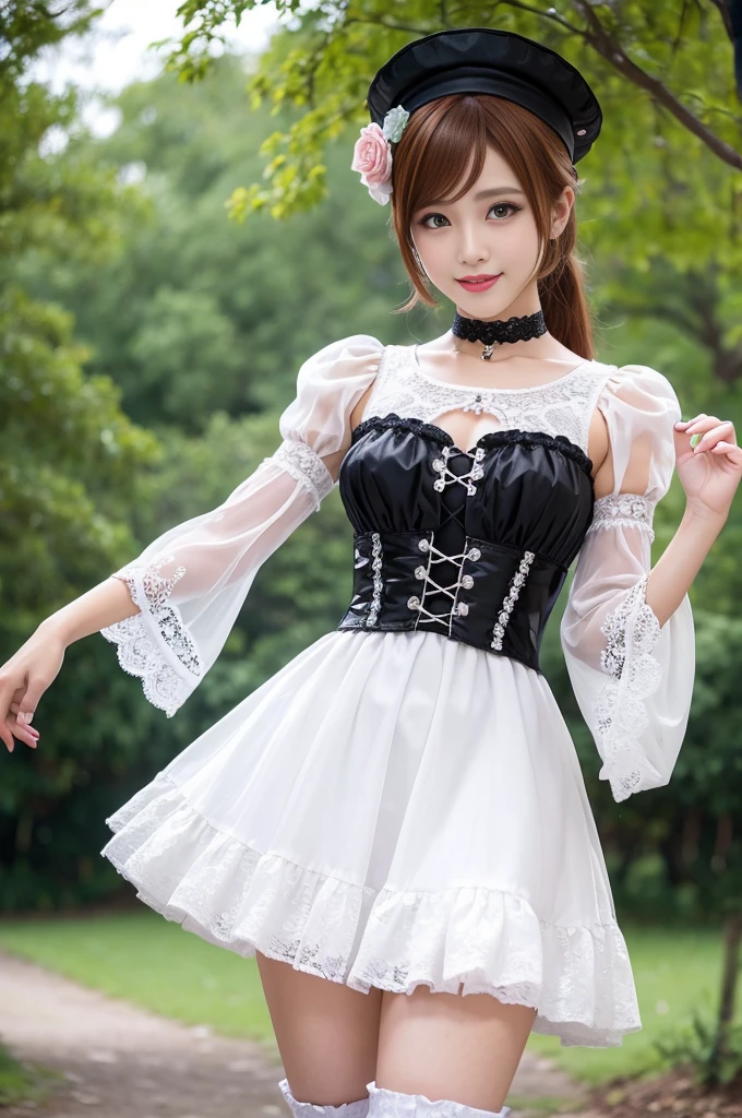 (nsfw), sexy stylish Thai model, only 1 female, ((doll-like appearance)), short Auburn stylish hair, ((shiny Victorian-Style boots)), (big smile), ultra detailed eyes, vivid eye makeup, lipgloss, long lashes, defined eyebrows, ((sexy Paradise Kiss cosplay)), bell-shaped skirt, petticoats, high neckline, puffed sleeves, ((ultra detailed lace)), ((ultra detailed embroidery)), intricate details, Paradise Kiss accessoires and matching headpiece, choker, ((large sparkling Paradise Kiss jewelry)), cinematic light, detailed large park background with trees