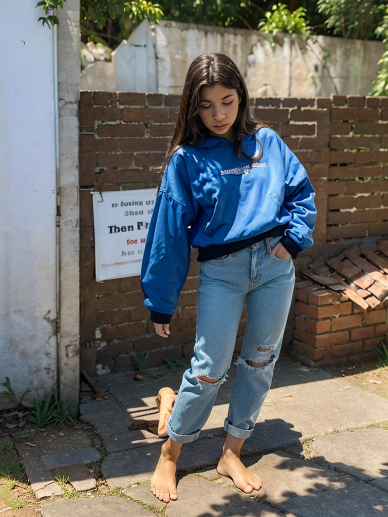 The story begins in a high school where a group of students gather and discuss the importance of morality, a 22 year old girl with semen on her feet.
light blue torn jacket:1.3, light blue torn pants:1.3, serious, barefoot,