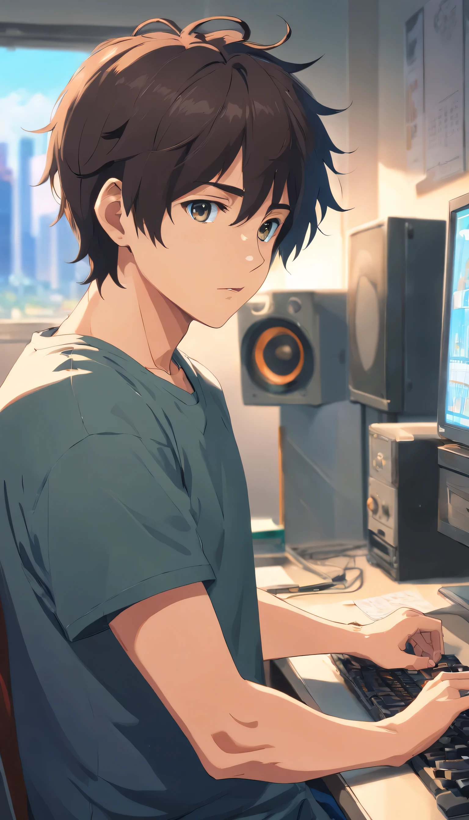 Masterpiece, hiquality, Best Quality, HD, Realistic, perfect lighting, Detailed body, 1 male, black curly hair, Black T-shirt, serious expression, wearing headphones, open mouth, facing the computer monitor, In the room, Mess in the room, In the room, there is a lot of room, darkroom, Your hair will turn your eyes