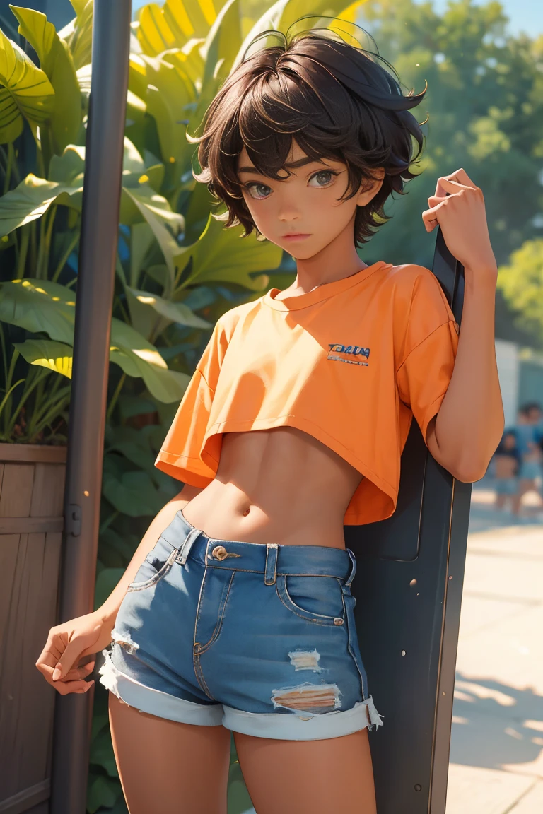 Teen boy 16 years old, beautiful teen boy is wearing a cropped shirt and too very much short mini shorts, the boy's legs are beautiful, tanned, bangs, flirty posing, hot summer, top quality,