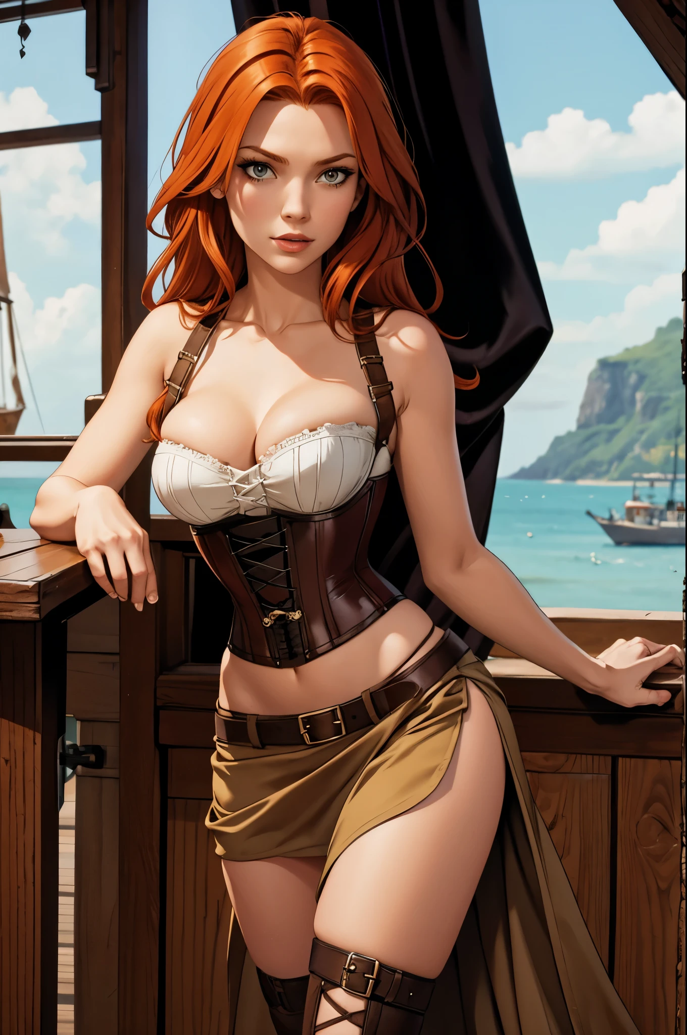 ginger hair, pirate, corset, long leg slit, skirt