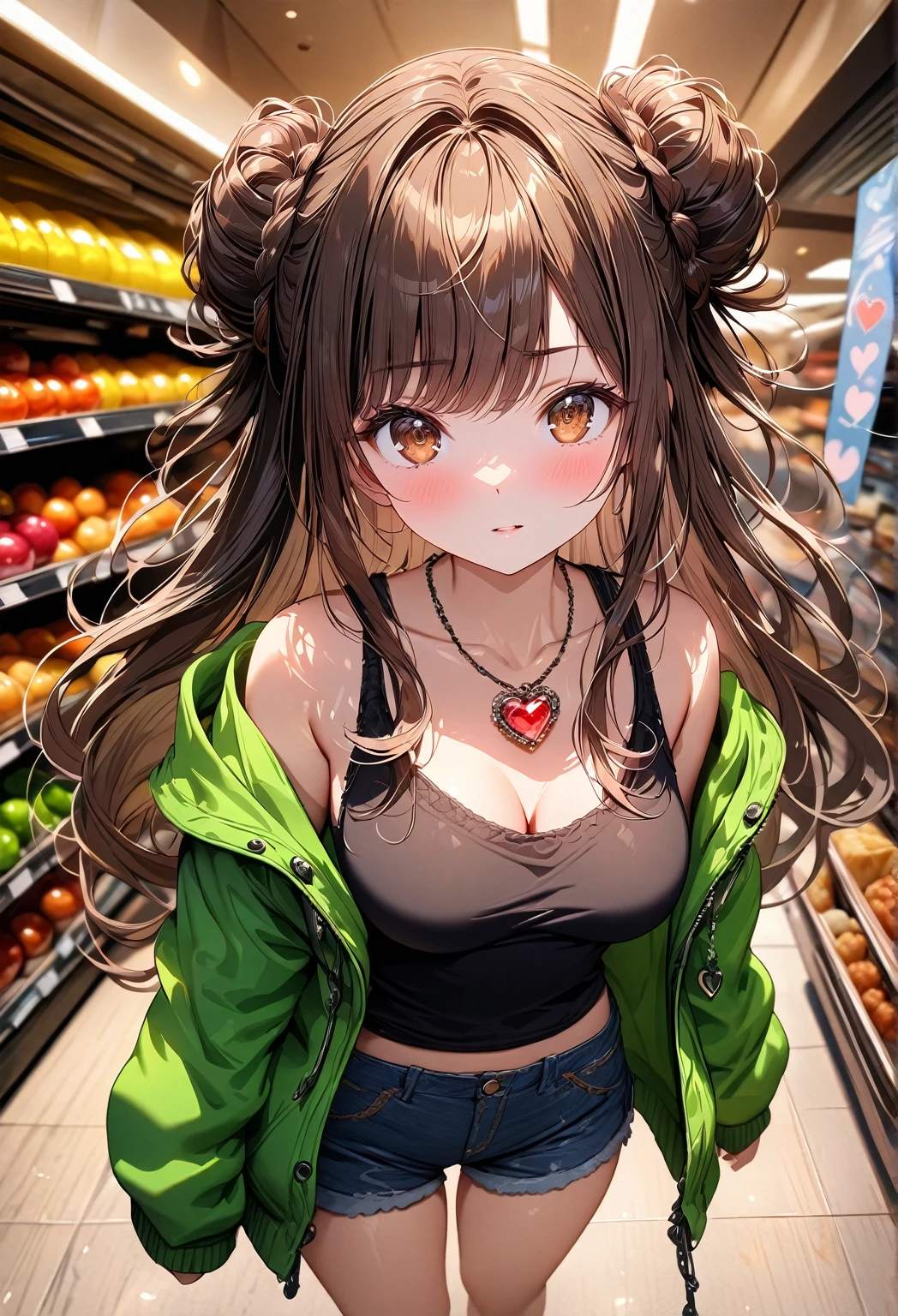 (best quality, top details, high quality, detailed, highest quality, 4k, 8k resolution, highres, ultra fine painting, masterpiece:1.2), digital art, 8k CG wallpaper, detailed background, absurd, epic lighting, RAW photo, POV shot, amateur photography, good lighting, soft light, soft colors, looking at viewer, detailed lights and shadows, niji style, stylish, ultra, ultra-detailed, trending art, master crafted, blurry background, pose, (top quality, details), solo, 1 girl, A nervous girl, (medium breasts:1.2), tight bust, flushtered, nice hips, nice body, casual, innocent , (cute, slim, nervous face), brown hair, long flowing hair, twin buns hairstyle, long bangs, (long hair), middle hair bangs, brown eyes, full body, ((black string tanktop:1.2), off shoulder green open hoodie, shorts), one big red gem heart necklace, (((grocery shopping))) 