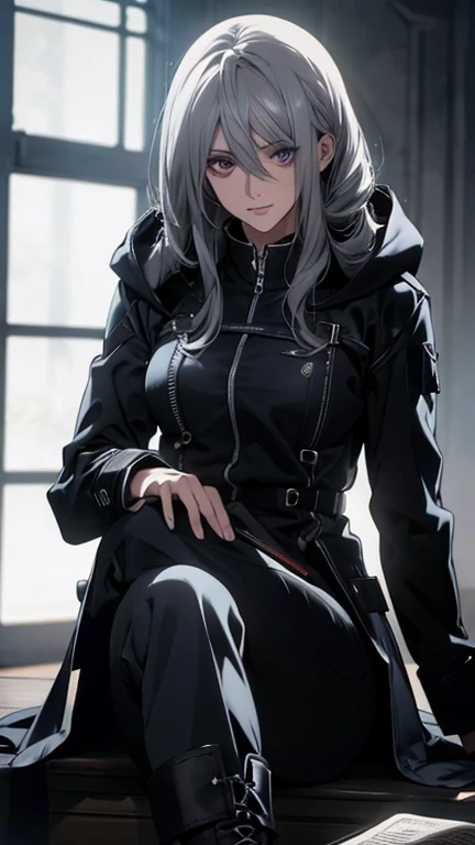a detailed, high-quality woman with disheveled silver hair and long locks, deep crimson eyes, wearing boots, a hooded long coat, black pants, and a black and white pilot suit, with a , 24 years old, a beautiful adult woman, thin, serene, composed, with a slight smile, sitting cross-legged and holding a book, in a library setting (best quality,4k,8k,highres,masterpiece:1.2),ultra-detailed,(realistic,photorealistic,photo-realistic:1.37),intricate details,dramatic lighting,cinematic,moody atmosphere,muted colors,soft focus