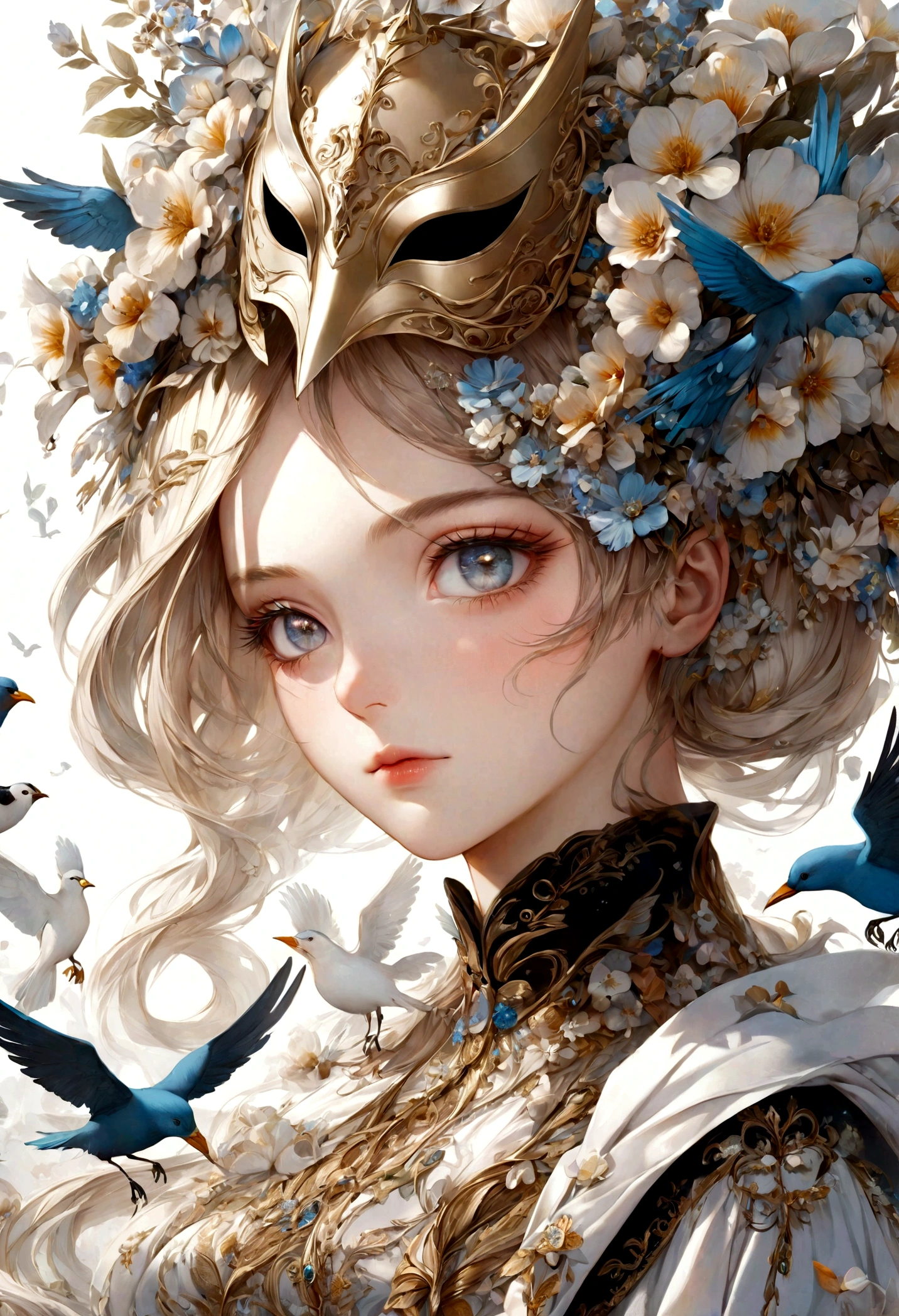 a close up of a woman wearing a mask with flowers and birds, digital art inspired by James C. Christensen, trending on cg society, fantasy art, karol bak uhd, beautiful art uhd 4 k, 4k highly detailed digital art, detailed fantasy digital art, detailed fantasy art, beautiful detailed fantasy, 4k detailed digital art, 4 k highly detailed art