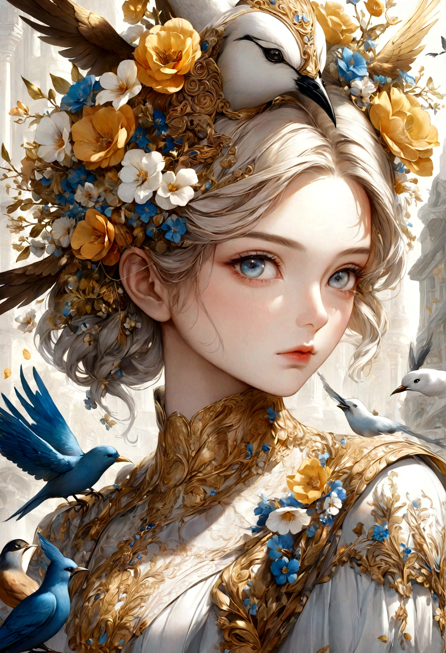 a close up of a woman wearing a mask with flowers and birds, digital art inspired by James C. Christensen, trending on cg society, fantasy art, karol bak uhd, beautiful art uhd 4 k, 4k highly detailed digital art, detailed fantasy digital art, detailed fantasy art, beautiful detailed fantasy, 4k detailed digital art, 4 k highly detailed art