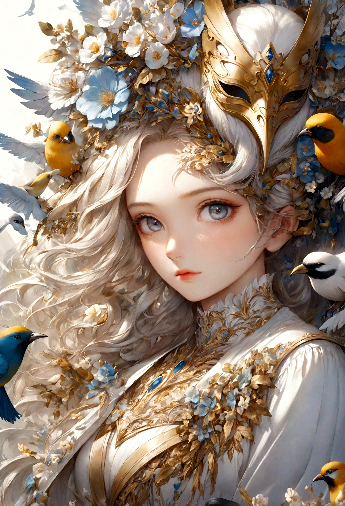 a close up of a woman wearing a mask with flowers and birds, digital art inspired by James C. Christensen, trending on cg society, fantasy art, karol bak uhd, beautiful art uhd 4 k, 4k highly detailed digital art, detailed fantasy digital art, detailed fantasy art, beautiful detailed fantasy, 4k detailed digital art, 4 k highly detailed art