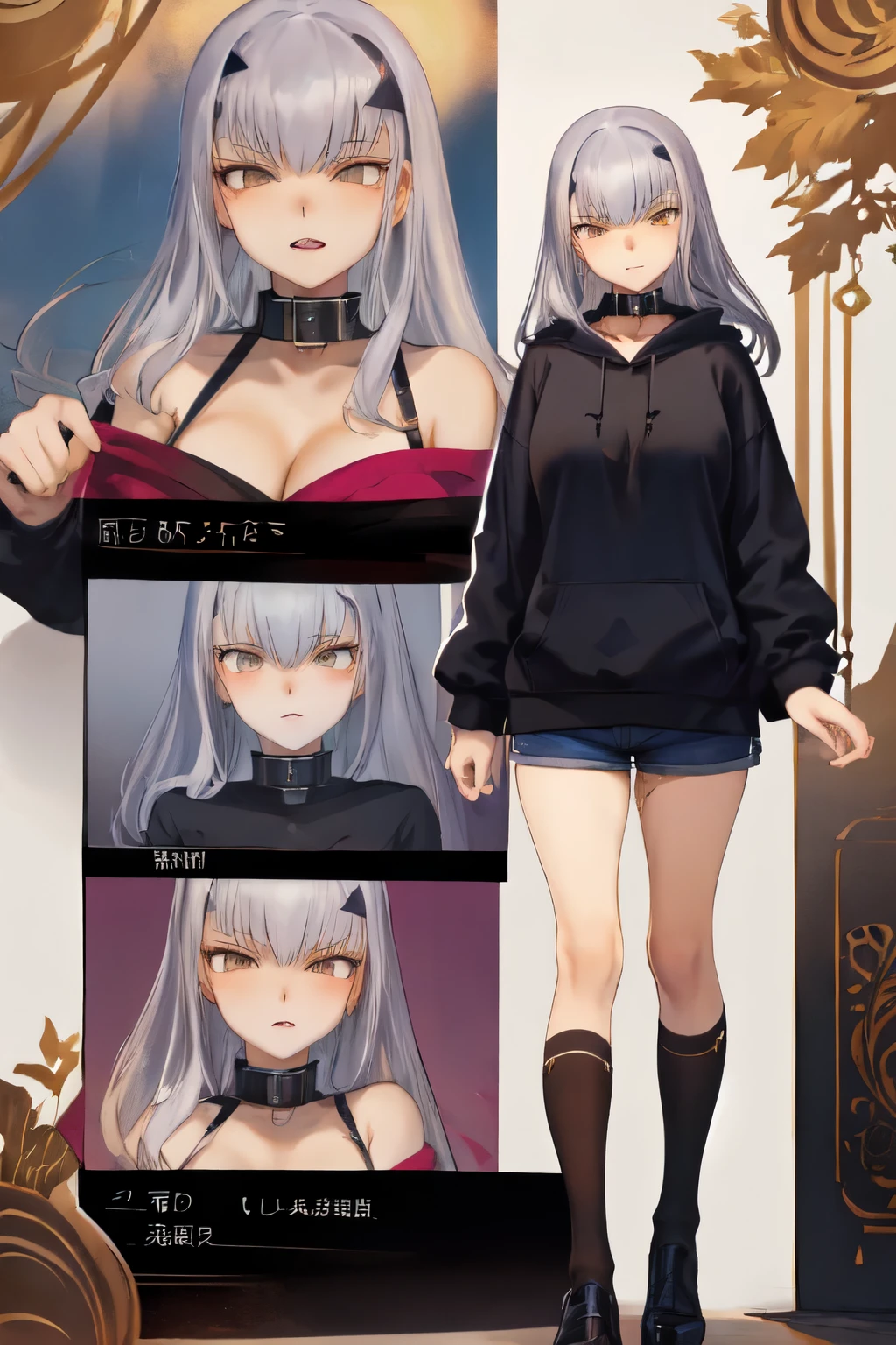 masterpiece, highest quality, (One girl, Braiding, Large Breasts,Blue hoodie, Are standing, View Audience,Dolphin Shorts,),Detailed Background、A person who writes in detail、Accurate human body、Knowledgeable person、Five correct answers、Mature Woman,Melusine, (Brown eyes:1.5), Long Hair, ((Gray Hair)), Side Lock,Long sleeve、Knee socks、Thighs、白いKnee socks、,((Pussy juice)),((Slave Collar))