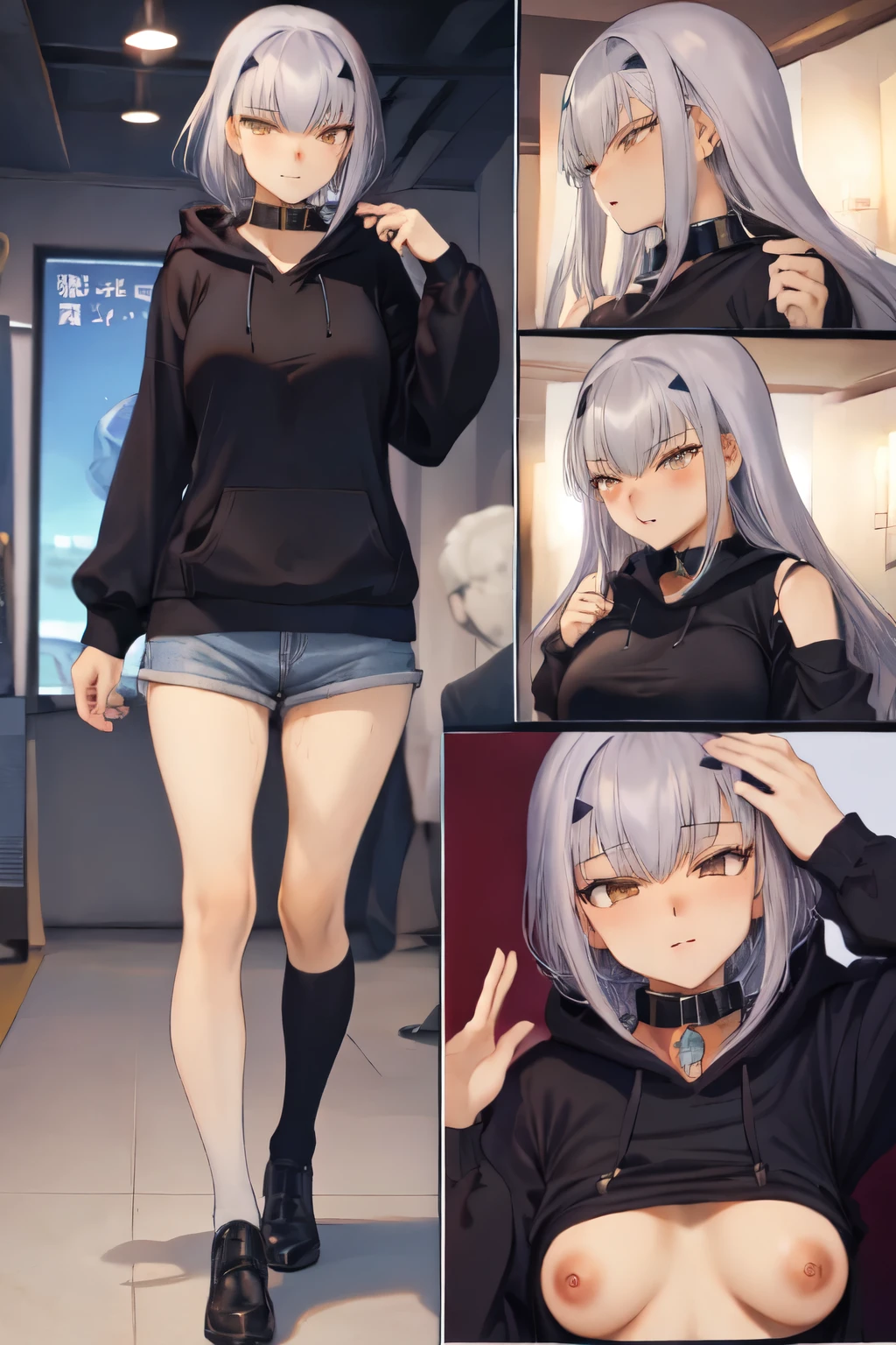 masterpiece, highest quality, (One girl, Braiding, Large Breasts,Blue hoodie, Are standing, View Audience,Dolphin Shorts,),Detailed Background、A person who writes in detail、Accurate human body、Knowledgeable person、Five correct answers、Mature Woman,Melusine, (Brown eyes:1.5), Long Hair, ((Gray Hair)), Side Lock,Long sleeve、Knee socks、Thighs、白いKnee socks、,((Pussy juice)),((Slave Collar))