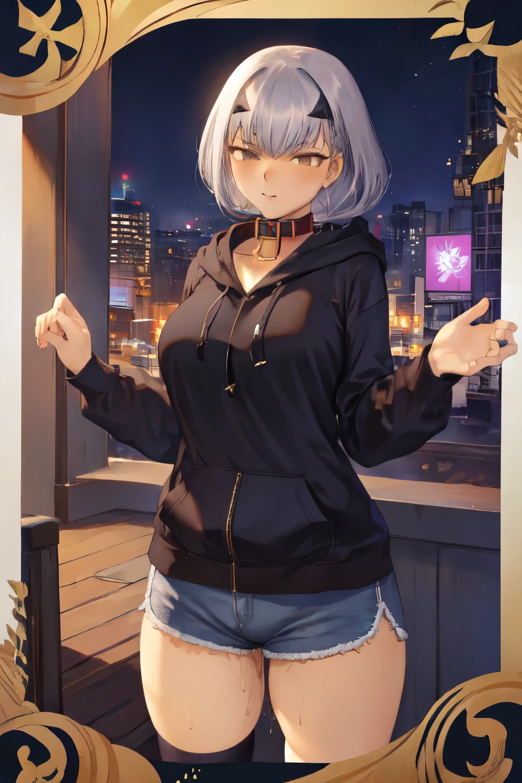 masterpiece, highest quality, (One girl,  Braiding, Large Breasts,Blue hoodie, Are standing, View Audience,Dolphin Shorts,),Detailed Background、A person who writes in detail、Accurate human body、Knowledgeable person、Five correct answers、Mature Woman,Melusine, (Brown eyes:1.5), Long Hair, ((Gray Hair)), Side Lock,Long sleeve、Knee socks、Thighs、白いKnee socks、,((Pussy juice)),((Slave Collar))