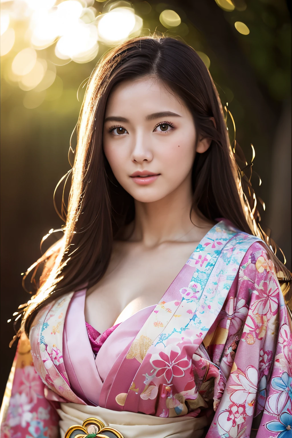 Realistic, Highest quality, 8k, woman, 20-year-old, Sakura pattern kimono, Large Bust, Long Hair, Ultra-detailed skin textures, Soft Lighting, Fairy, Bokeh