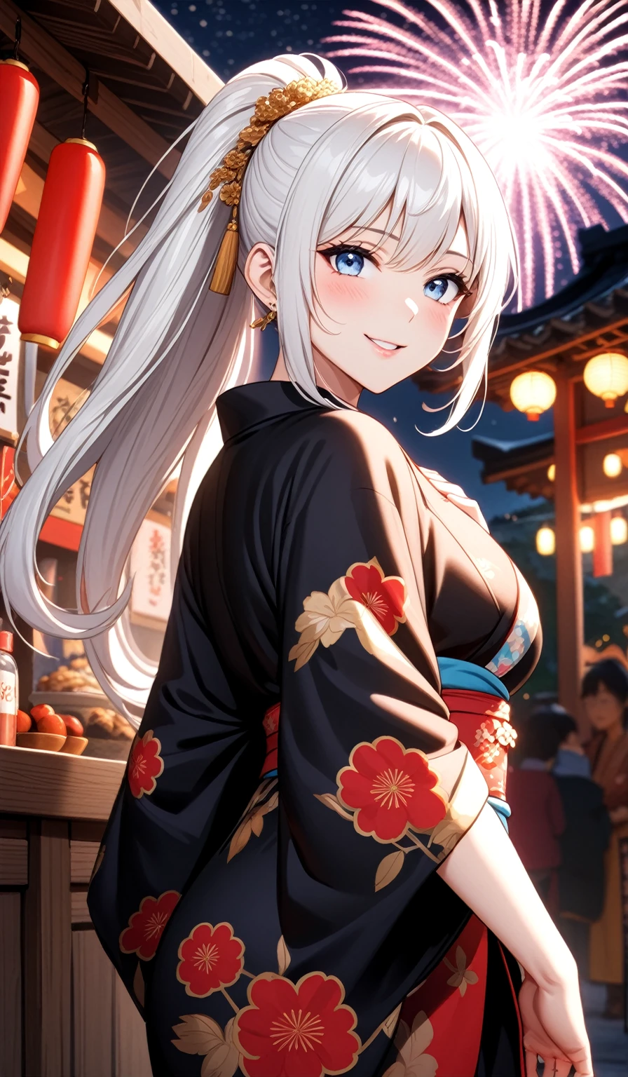 ((one personの女性)), Beautiful Face,Laugh shyly,((Wink:1.7)),Laughing with your mouth open,turn bright red,Glossy pink lips,night,Shrine festival stalls,firework,((Anime style background)),masterpiece, highest quality, so beautiful, up to date, Complex details, (Pink long nails),AI-generated, Complex,High resolution, highest quality, super high quality,3D Images、View your audience、3D Images,one person,Long white hair,High Ponytail,blue eyes,Anime woman posing for a photo, [[Fine grain、Colorful eyes、Shining Eyes:1.15]],(Squint your eyes:1.1),a hyperRealistic , hyperRealistic , Realistic,Long haired white haired anime woman, Smooth anime CG art, A woman in a colorful kimono with gold embroidery, (Black kimono),Red floral pattern,Long flower hair ornament,Big earrings,(Big Breasts:1.3),Mature Body,tall,Big Ass,Fine details,Tight waist,Abdominal muscles,(Face close-up:1.5),Tilt your face,Shooting from an angle,(wave hands:1.5)