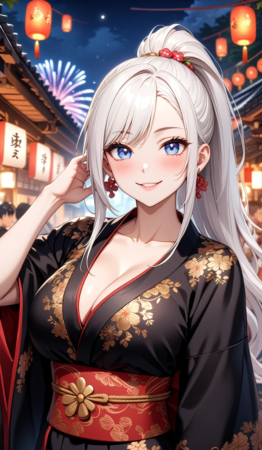 ((one personの女性)), Beautiful Face,Laugh shyly,((Wink:1.7)),Laughing with your mouth open,turn bright red,Glossy pink lips,night,Shrine festival stalls,firework,((Anime style background)),masterpiece, highest quality, so beautiful, up to date, Complex details, (Pink long nails),AI-generated, Complex,High resolution, highest quality, super high quality,3D Images、View your audience、3D Images,one person,Long white hair,High Ponytail,blue eyes,Anime woman posing for a photo, [[Fine grain、Colorful eyes、Shining Eyes:1.15]],(Squint your eyes:1.1),a hyperRealistic , hyperRealistic , Realistic,Long haired white haired anime woman, Smooth anime CG art, A woman in a colorful kimono with gold embroidery, (Black kimono),Red floral pattern,Long flower hair ornament,Big earrings,(Big Breasts:1.3),Mature Body,tall,Big Ass,Fine details,Tight waist,Abdominal muscles,(Face close-up:1.5),Tilt your face,Shooting from an angle,(wave hands:1.5)
