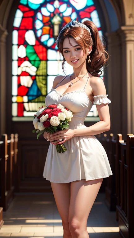 highest quality, Realistic, Very detailed, finely, High resolution, 8k wallpaper, Beautiful woman,, Brown hair short ponytail, (Red and white shot-Todres), Perfect dynamic composition, finelyて美しい目, Ample breasts, Realistic , smile, Model Body Type、Earrings,garnet necklace,tiara,(Holding a bouquet),Beautiful legs,(Church with beautiful stained glass),Full Body Shot:1.3,Smile and laugh,