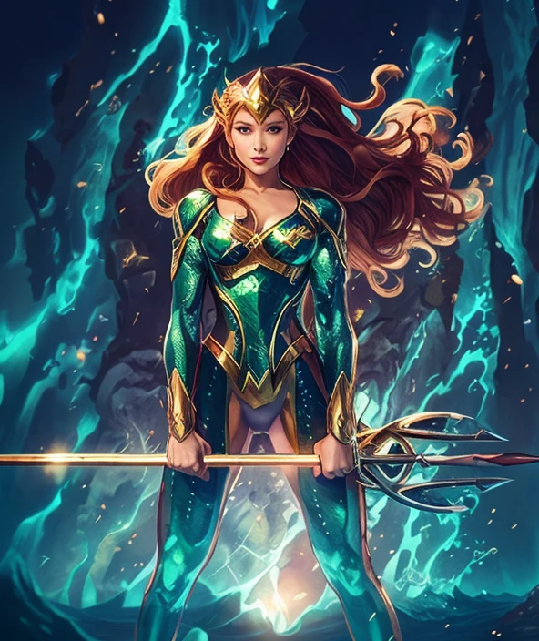 The actress Nata Lee as the character Mera, Queen of Atlantis, perfect green costume,  traditional suit, perfect mouth , perfect red hair, upturned buttock, beautiful legs, traditional hairstyle, seductive smile, ocean proof background 