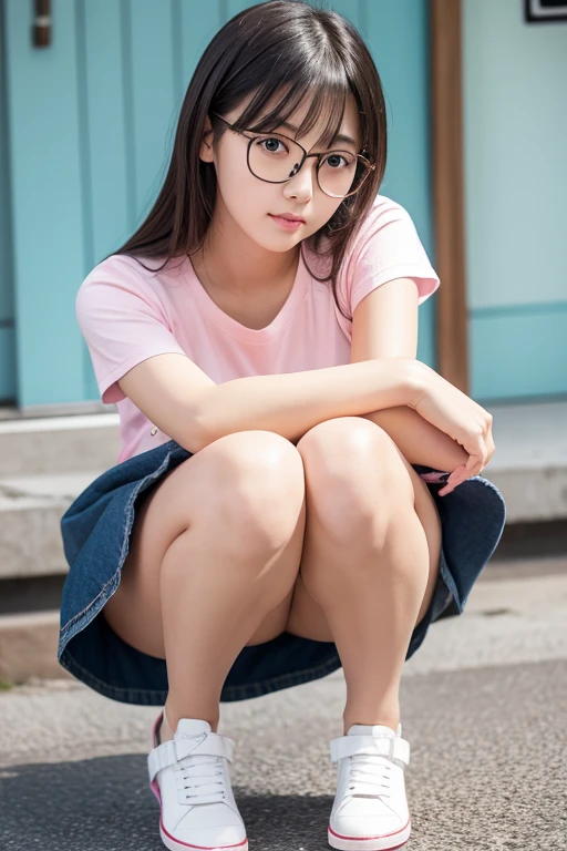 Japanese,young woman,Denim mini skirt,Pink camisole,Black straight hair,Glasses,Sitting,Realistic,Round face,Thicker lips,A little bit of her white underwear is visible through the gap in her skirt.,Crouching with legs slightly apart
