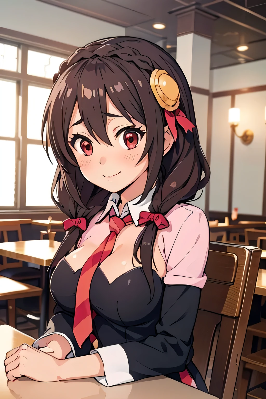 (masterpiece, highest quality), One girl,    Yunyun,Long Hair,Braiding,Twin tails,Hair between the eyes,Hair Ribbon,hair ornaments,She has a slightly larger bust,tie,Pink Skirt、Red Eyes、An embarrassed smile、Cafe、Upper body naked、Sitting in a chair in front of a table