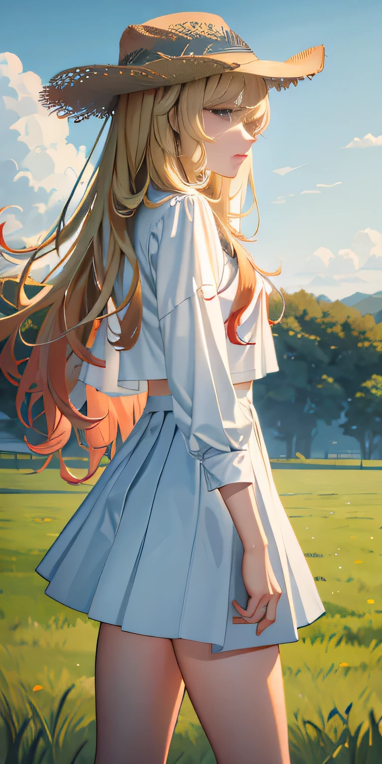1girl, teenager, country style, long hair, blonde, farm background, cowgirl, cowboy hat