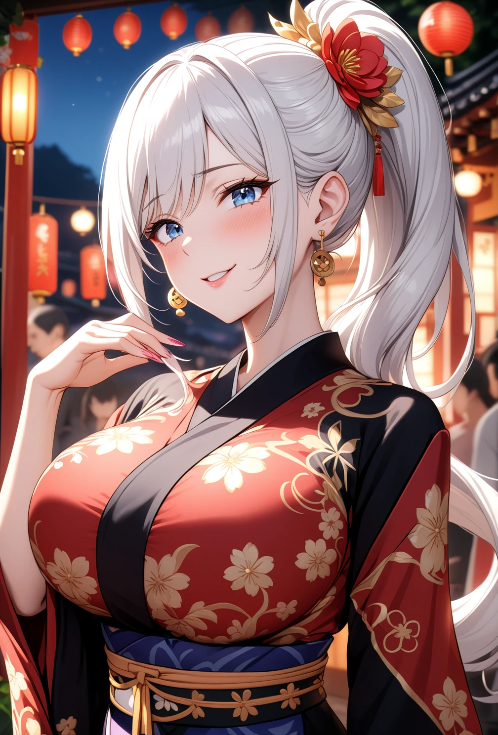 ((one personの女性)), Beautiful Face,Laugh shyly,((Wink:1.7)),Laughing with your mouth open,turn bright red,Glossy pink lips,night,Shrine festival stalls,((Anime style background)),masterpiece, highest quality, so beautiful, up to date, Complex details, (Pink long nails),AI-generated, Complex,High resolution, highest quality, super high quality,3D Images、View your audience、3D Images,one person,Long white hair,High Ponytail,blue eyes,Anime woman posing for a photo, [[Fine grain、Colorful eyes、Shining Eyes:1.15]],(Squint your eyes:1.1),a hyperRealistic , hyperRealistic , Realistic,Long haired white haired anime woman, Smooth anime CG art, A woman in a colorful kimono with gold embroidery, (Black kimono),Red floral pattern,Long flower hair ornament,Big earrings,(Big Breasts:1.2),Mature Body,tall,Big Ass,Fine details,Tight waist,(Face close-up:1.3),Tilt your face,