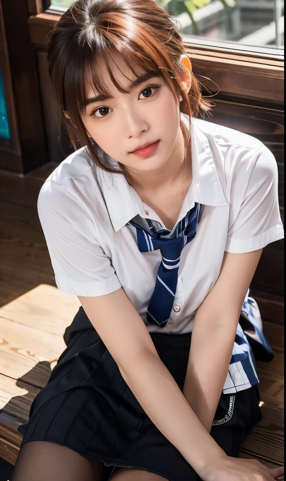 Ulzzang-6500-v1.1, (RAW photos:1.2), (photot-realistic,:1.4), ((Take a picture with the camera from above、looking for、looking at the camera、View from above holding a camera、Take a picture from the top direction))Beautiful and detailed girls, very detailed 눈과 얼굴, beautiful detailed eyes, Nonsense, It's incredibly ridiculous., huge file size, very detailed, mackerel, in great detail, best quality, Master Peace、, kemomimi, ((japanese high school girl )), illustration, in great detail, okay, unification, 8k wallpaper, fancy, fine details, Master Peace、, best quality, in great detailなokayユニフォーム8k wallpaper, light on the face、movie lights、18 year old girl、((without panties))、((dynamic pose)))、(camel toe)、(half)、(pantyhose、、、、、、)、(Sit with legs bent and knees bent))、Short hair、Short hair、long neck、Stick out your ears、forehead、bigger eyes、Eyelashes、pretty、Super cute big tits