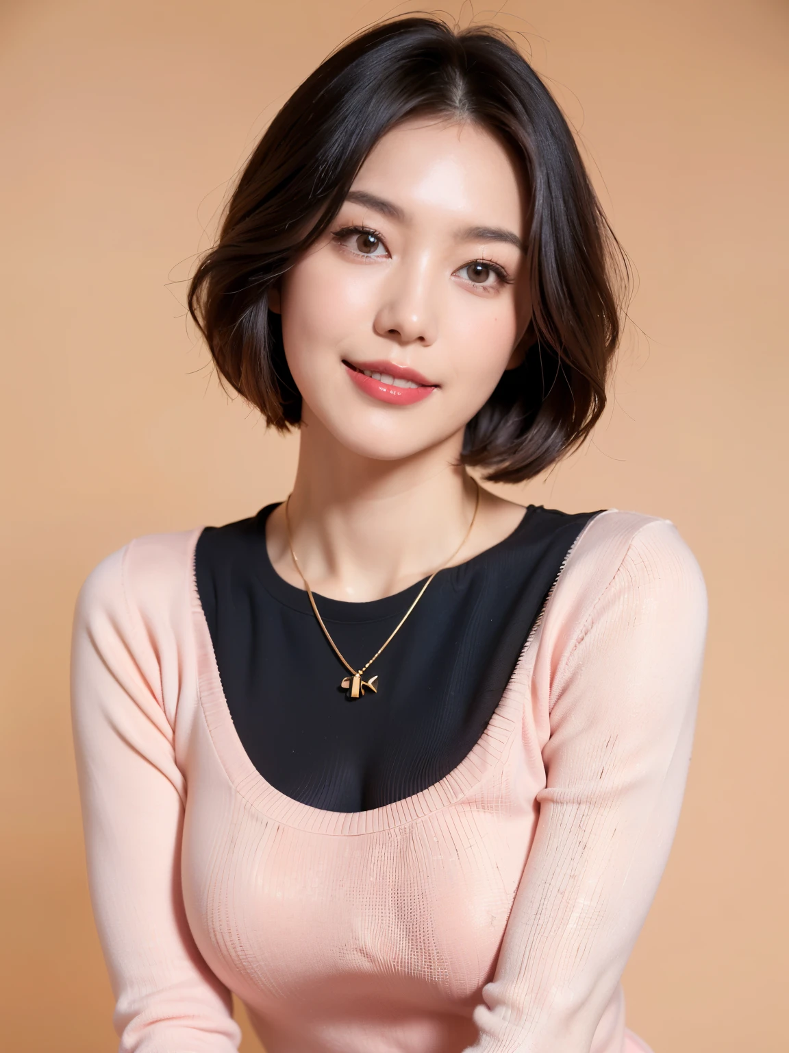 (highest quality, 8k, 32k, masterpiece, Ultra-high resolution:1.2),Beautiful Japanese Women Photos, (D cup breasts),(Standard body type)、Short black hair、Bob Hair,(Pink Sweater:1.6), necklace, Simple Background, smile、Red lipstick, View your audience,
