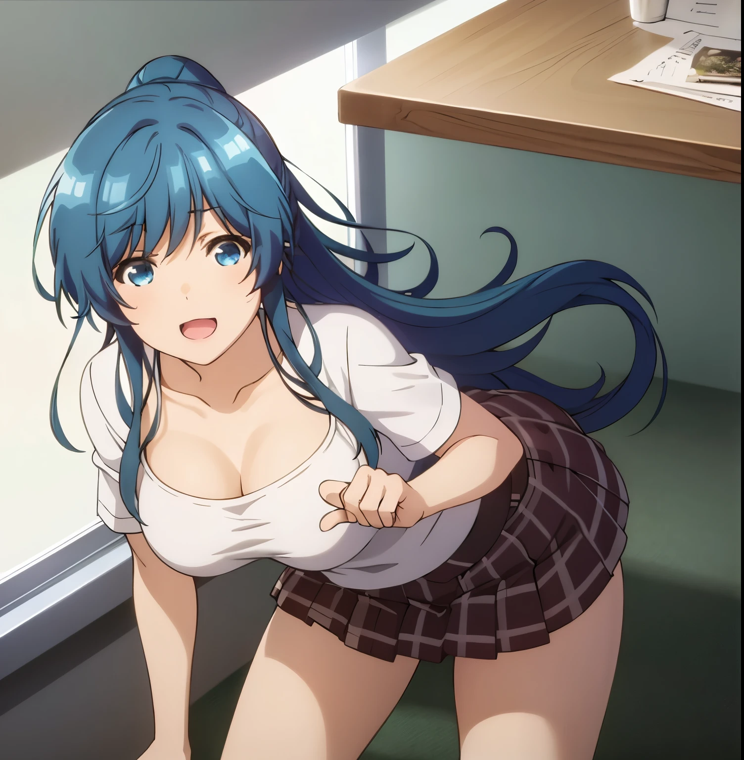 1girl,alone,minami,nanami,best quality,(masterpiece:1.2),detailed,open mouth,smile, blue hair, blue eyes, long hair, ponytail, white shirt, short sleeves,cleavage, pleated skirt, skirt short, standing, pointing at viewer, looking at viewer, head on, focus on breasts, pov(from above), indoor, classroom, sunset, medium breasts, medium waist, wide hips, medium thighs, round butt, perfect anatomy , perfect hands